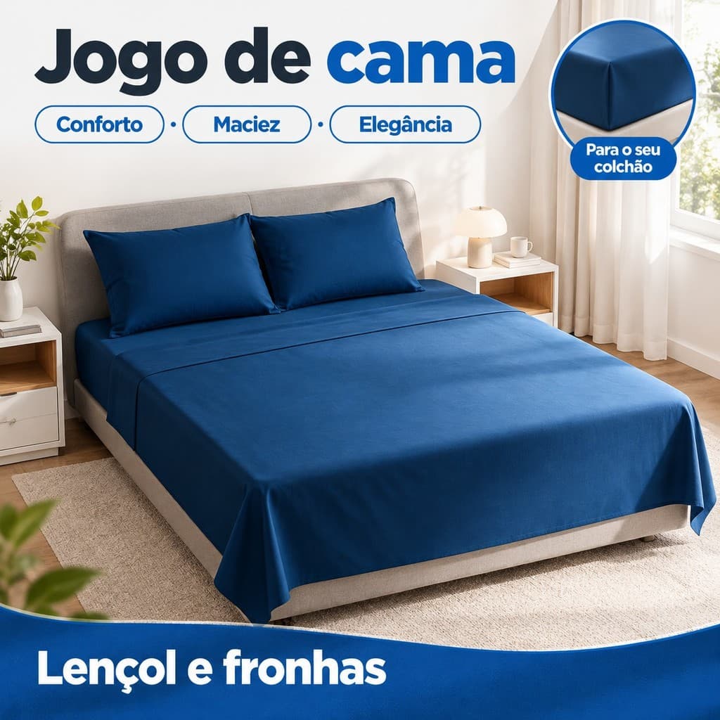 Kit Cama Casal Azul 3 Peças Lençol com Elástico 188x138x30cm 400 Fios + 2 Fronhas Poliéster