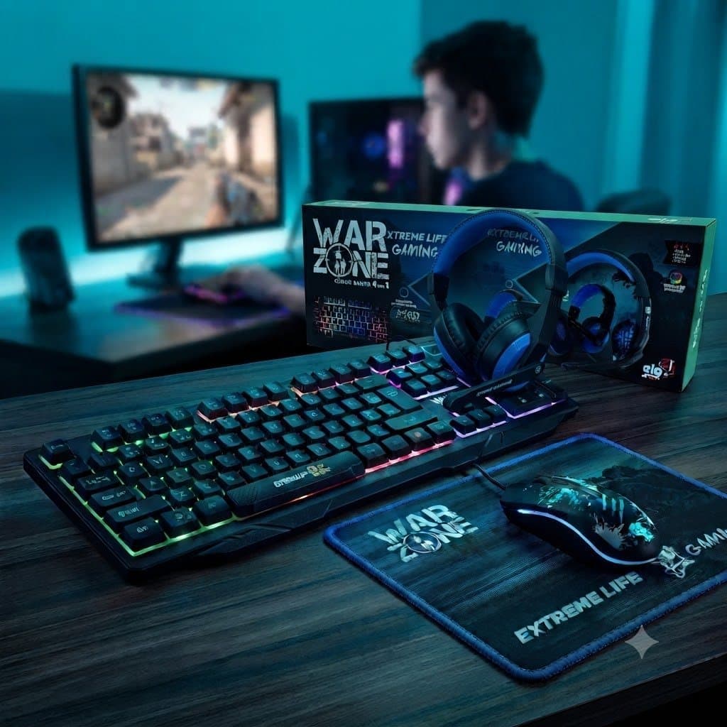 Kit Gamer ELG War Zone 4 em 1 CGWZ41 Teclado ABNT2 Mouse Headset Mousepad LED USB para PC Notebook