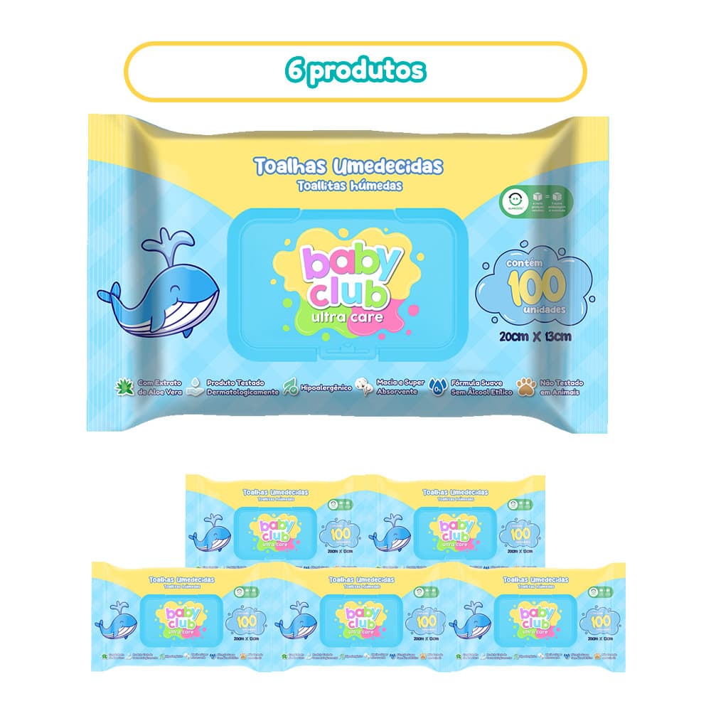 Kit 06 Pacotes Toalhas Umedecidas Baby Club Tradicional 100 Folhas