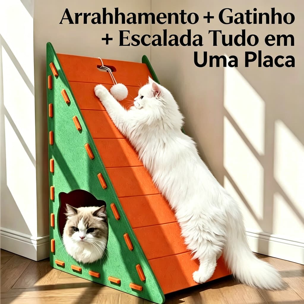Arranhador de feltro triangular multifuncional para gatos com casinha e bolinha brinquedo anti arranhões de sofá