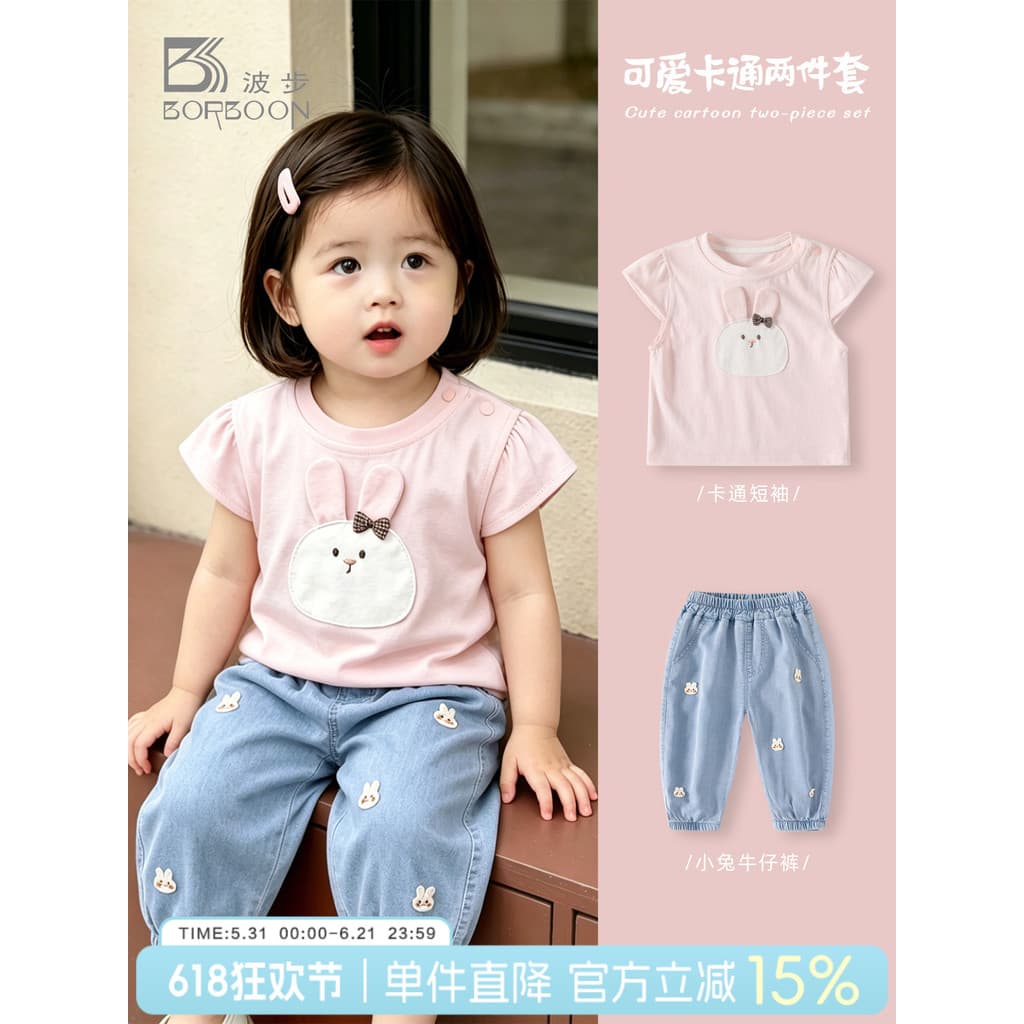 Bobu bebê menina terno verão menina manga curta camiseta calças terno de duas peças bebê verão estilo fino roupas infant