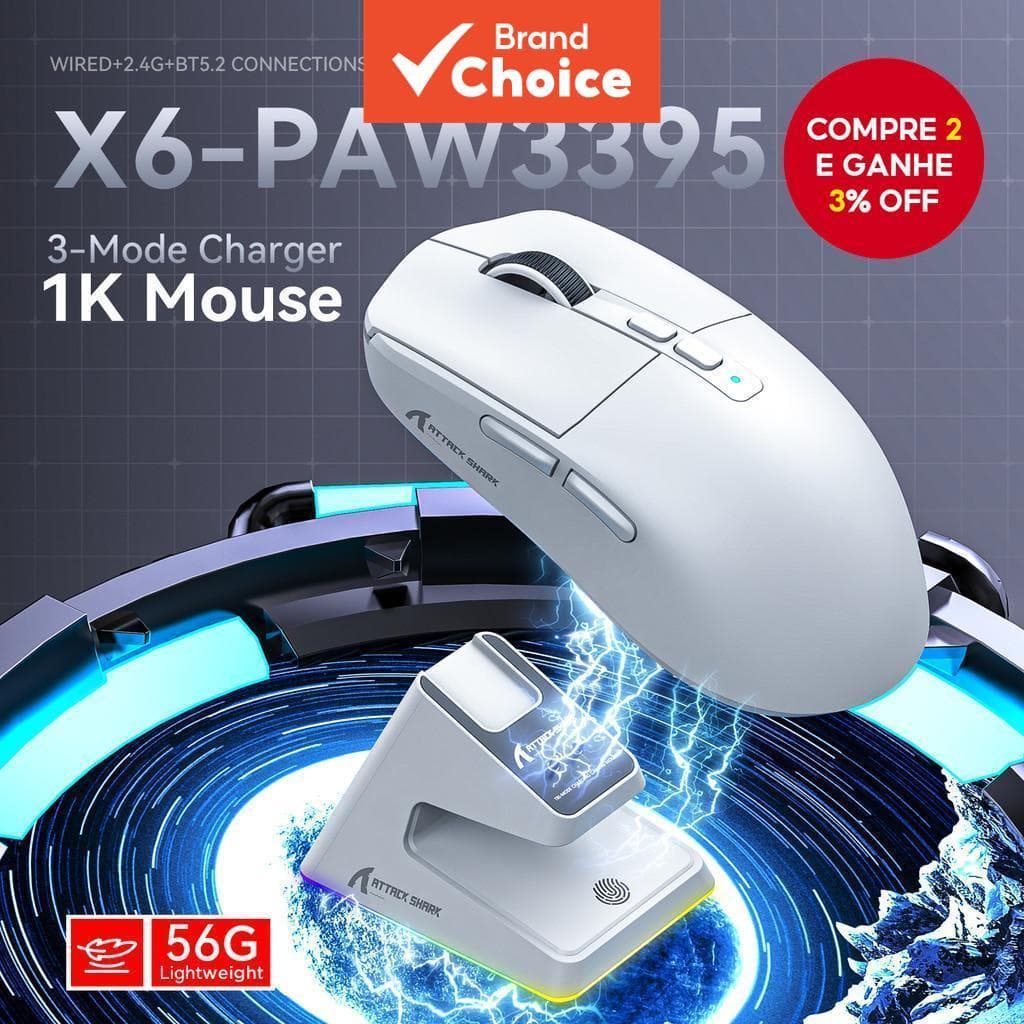 ATTACK SHARK X6 Mouse Gamer Sem Fio Ultra-Leve 56g PAW3395 26K DPI 3 Modos Bluetooth 5.2/2.4G/Com Fio Bateria 200H 80M