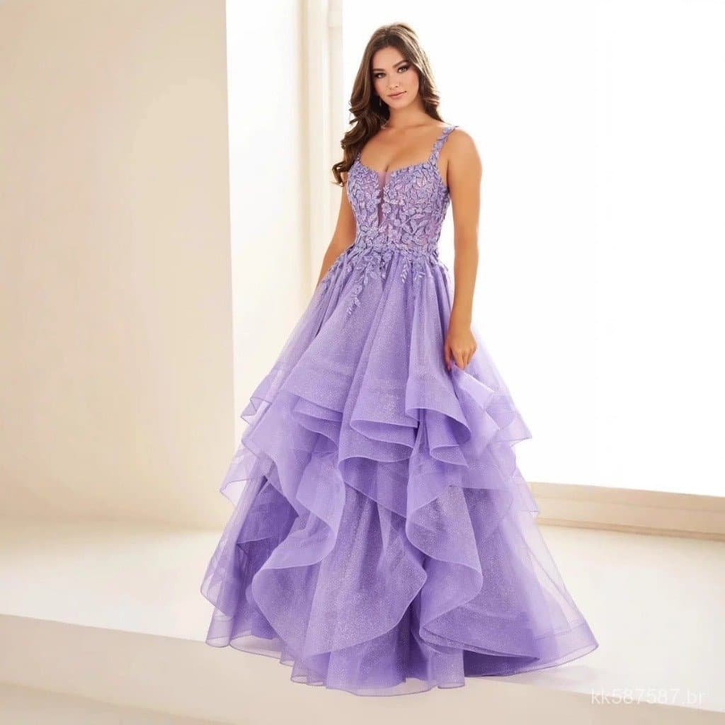 Vestido Longo Feminino Azul, Roxo, Champanhe, Vestido de Festa, Vestido de Quinceanera para 15 Anos, Vestido de Casament