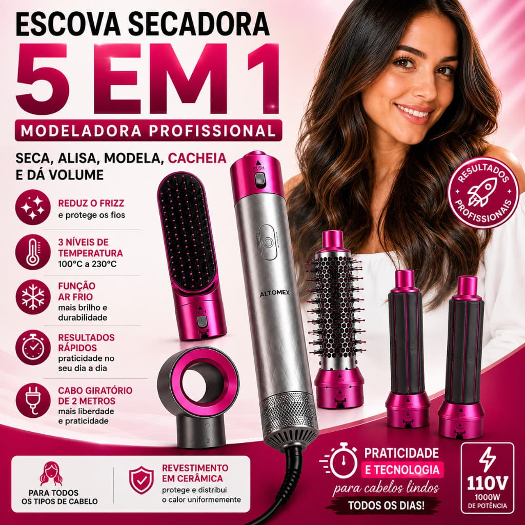 Escova Secadora 5 em 1 Modeladora Profissional Alisadora de Cabelo Anti Frizz Modela Cacheia 100V
