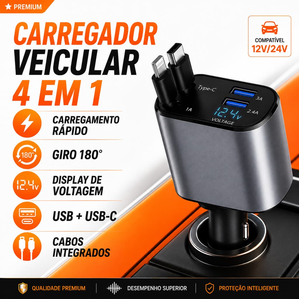 Carregador Veicular Turbo 4 em 1 Retrátil USB USB-C Tipo C Lightning Giro 180° com Display para iPhone Android