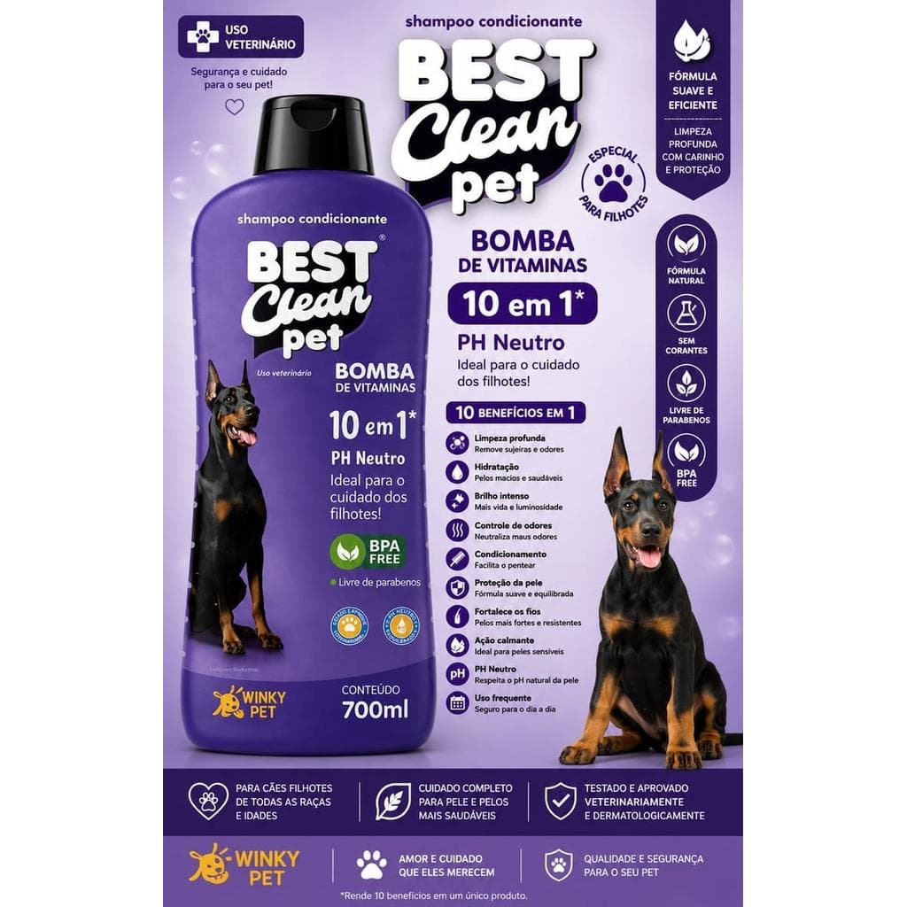 Shampoo Pet Coco 10 em 1 700ml PH Neutro Para Cães e Gatos Best Clean Pet