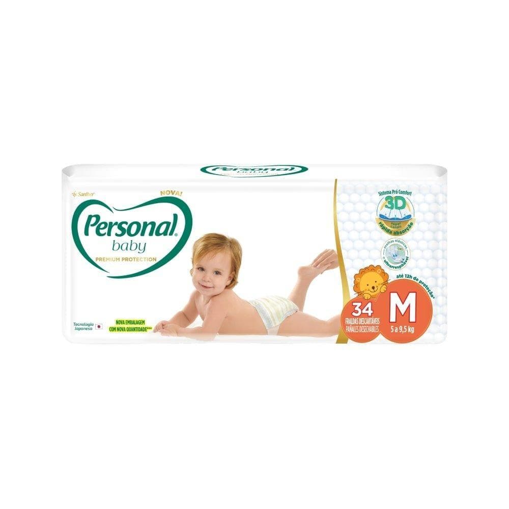 Fralda Descartável Personal Premium Mega Tamanho M - 9 Pacotes com 34 Fraldas - Total De 306 Tiras
