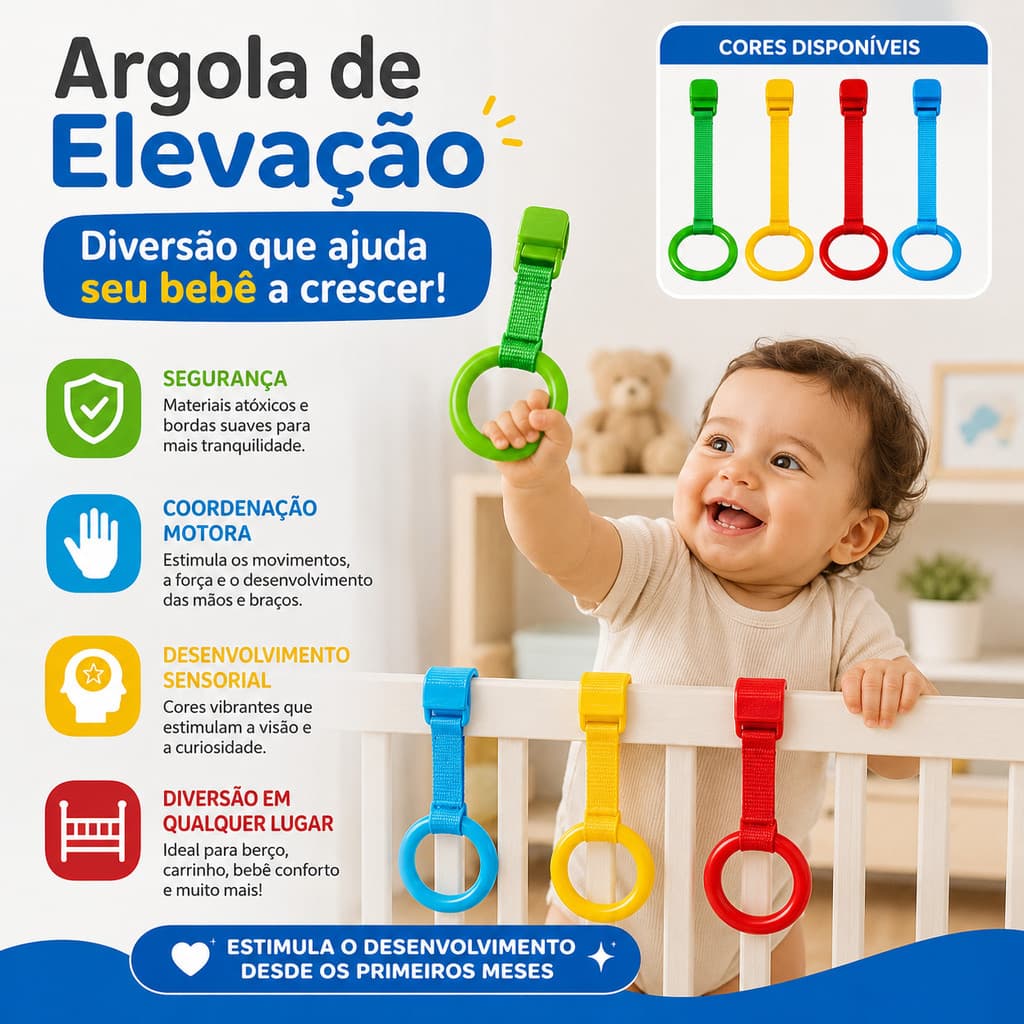 Kit Argolas Para Bebê Berço Cercado Carrinho Ajustável Brinquedo Educativo Seguro Coordenação Motora