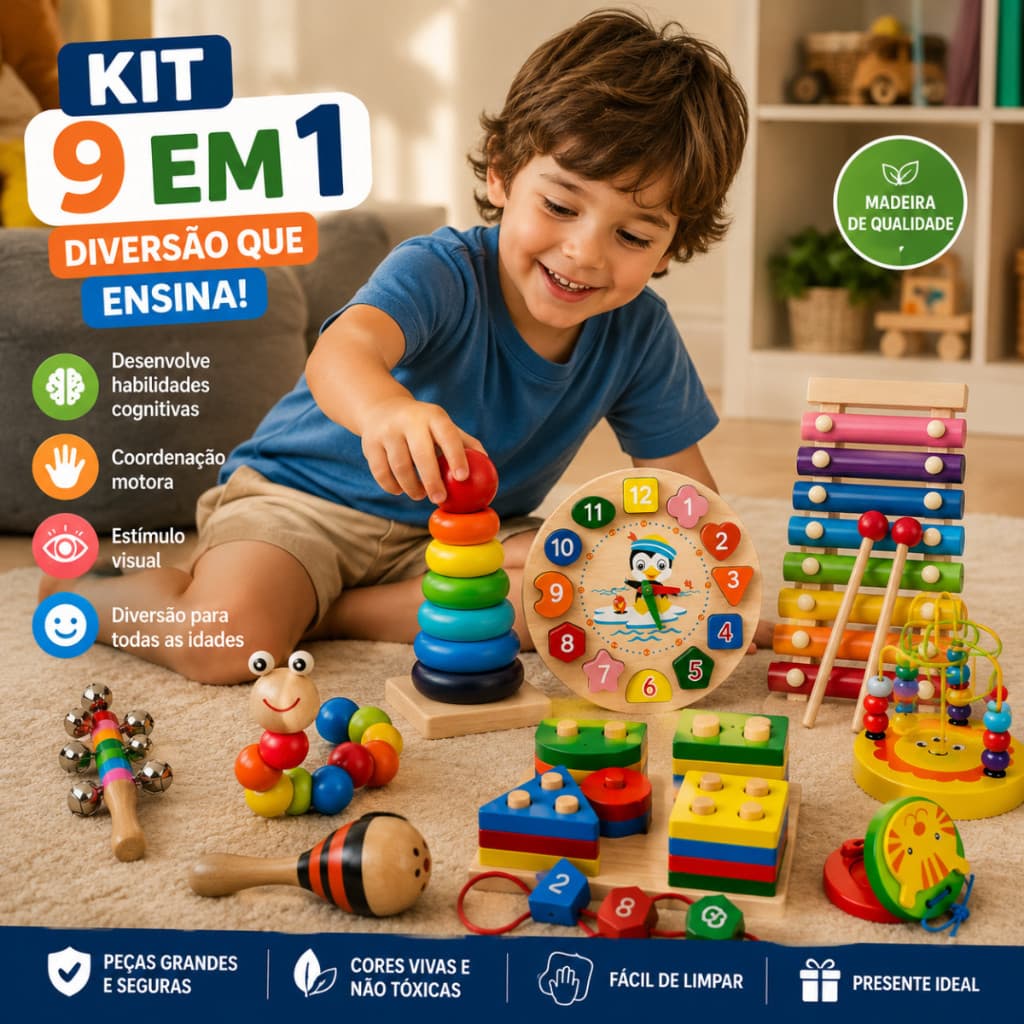 Kit 9 Brinquedos Educativos de Madeira Montessori Infantil Musical Encaixe Sensorial Desenvolvimento Coordenação