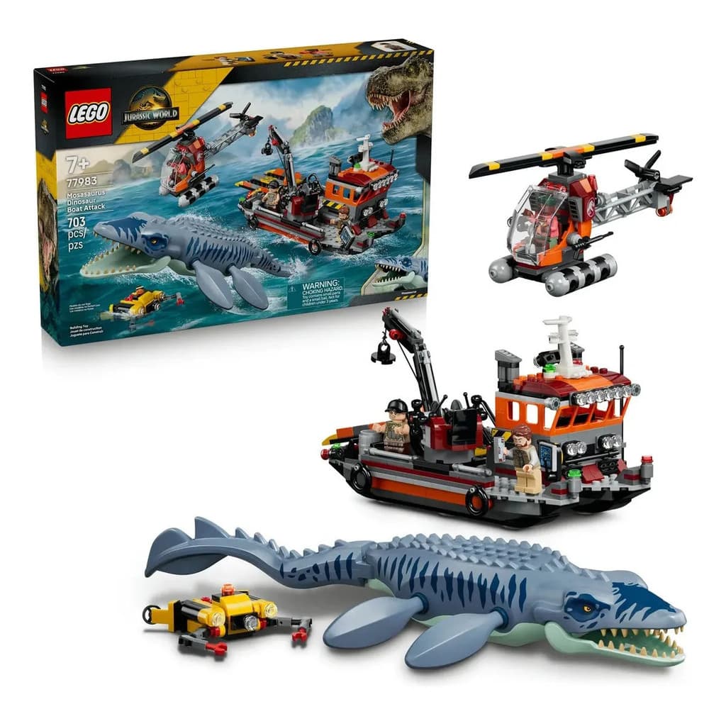 LEGO Jurassic World Ataque do Mosassauro no Barco 77983 703 Peças Kit de Montar para Fãs e Colecionadores