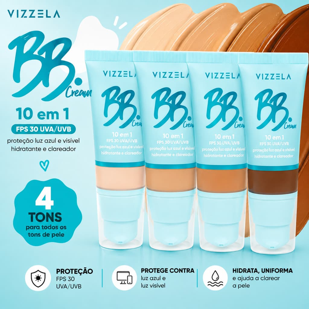 BB Cream Fps 30 Vizzela 10 em 1 Base BB Cream Base de Rosto BB Cream  Com Protetor Solar Base Liquida