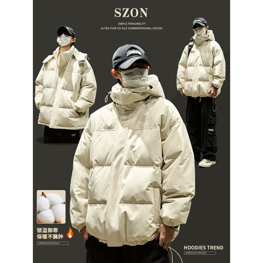 Jaqueta masculina inverno engrossado quente jaqueta acolchoada solta gola alta destacável jaqueta com capuz acolchoado j