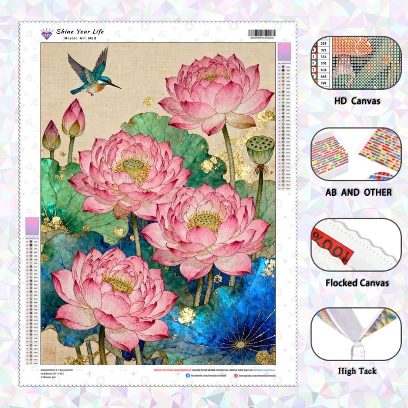 [PL Diamantes AB Atualizados + Tecido Flocado] Flores De Lótus Pássaros Pintura De Diamante 5D DIY Artesanato Mosaico Bo