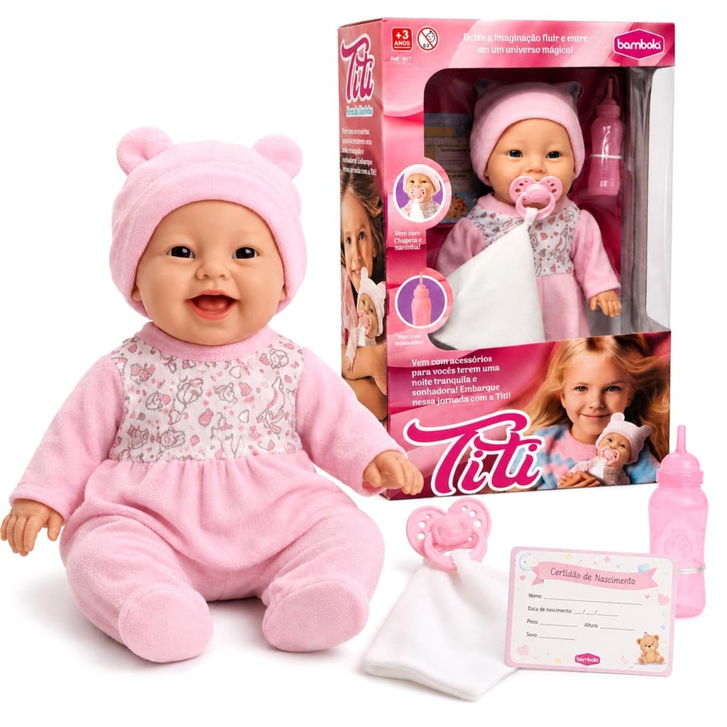 Boneca Bebê Titi Hora Da Naninha Brinquedo Com Chupeta E Mamadeira 35cm - Bambola