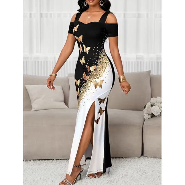 Vestido longo estilo borboleta, vestido com alças, novo vestido cheongsam feminino estampado, vestido com fenda na barra