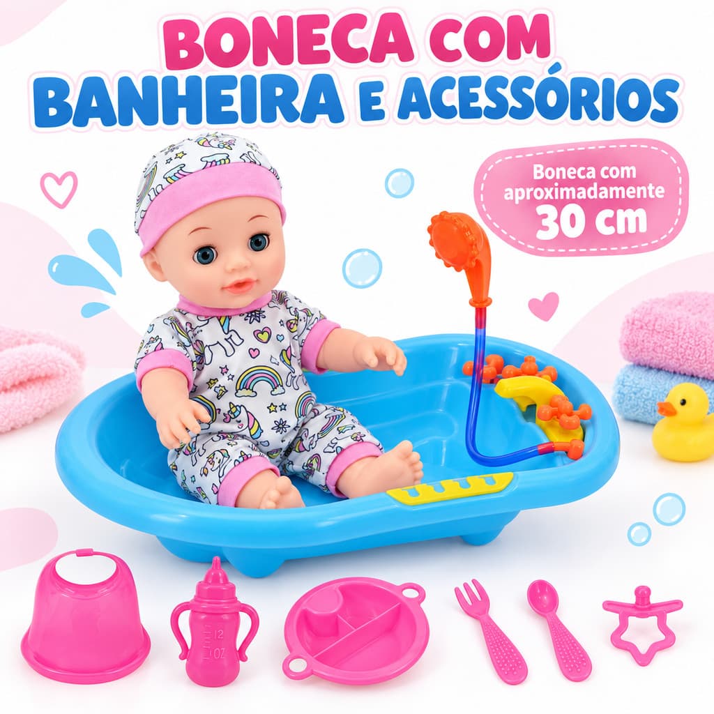Brinquedo Boneca Bebê 30cm Com Banheira e Acessórios