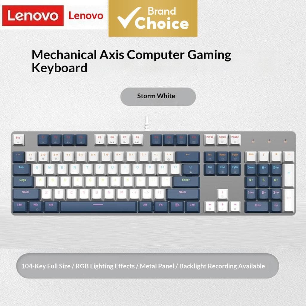 Teclado mecânico com fio Lenovo, teclado para jogos com retroiluminação RGB completo de 104 teclas, para e-sports, PUBG,