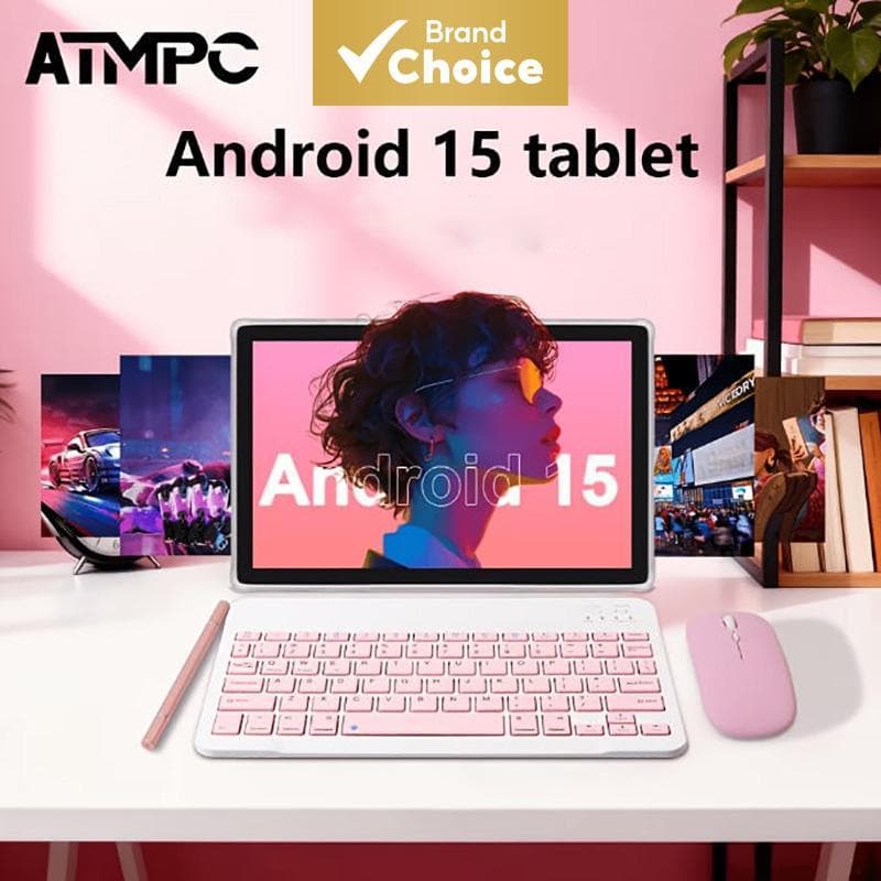 O tablet Android 15 ATMPC acompanha um teclado, mouse e caneta touch, com 64GB de armazenamento expansível até 1TB, tela