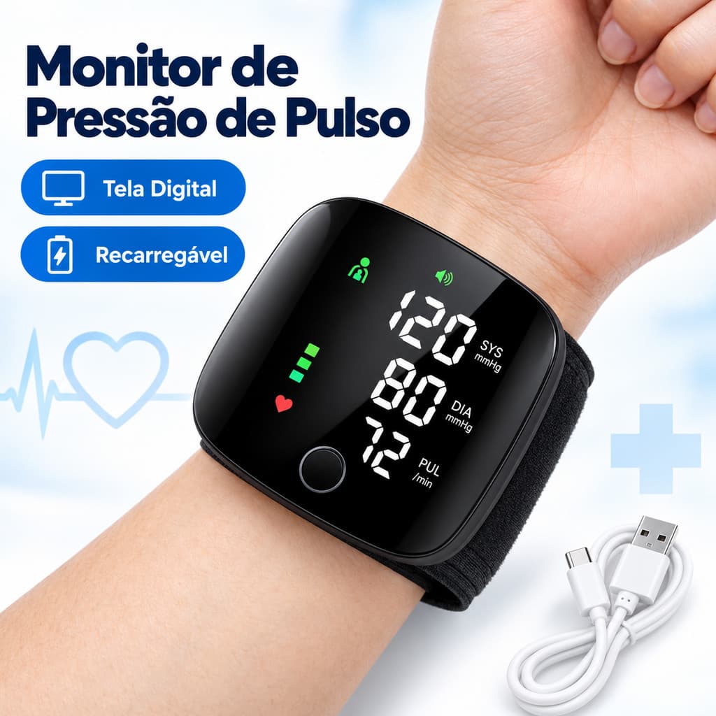 Aparelho de Pressão Arterial Digital de Pulso Automático Recarregável com Voz Esfigmomanômetro Portátil