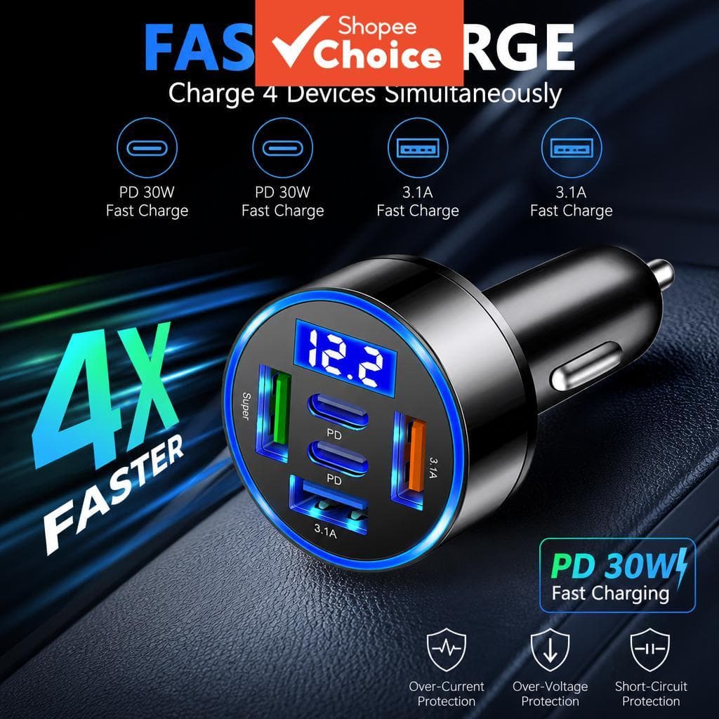 5 Portas Carregador Veicular Tipo C PD QC3.0 USB 30W Adaptador de Carregamento Rápido para Huawei, Samsung, iPhone,