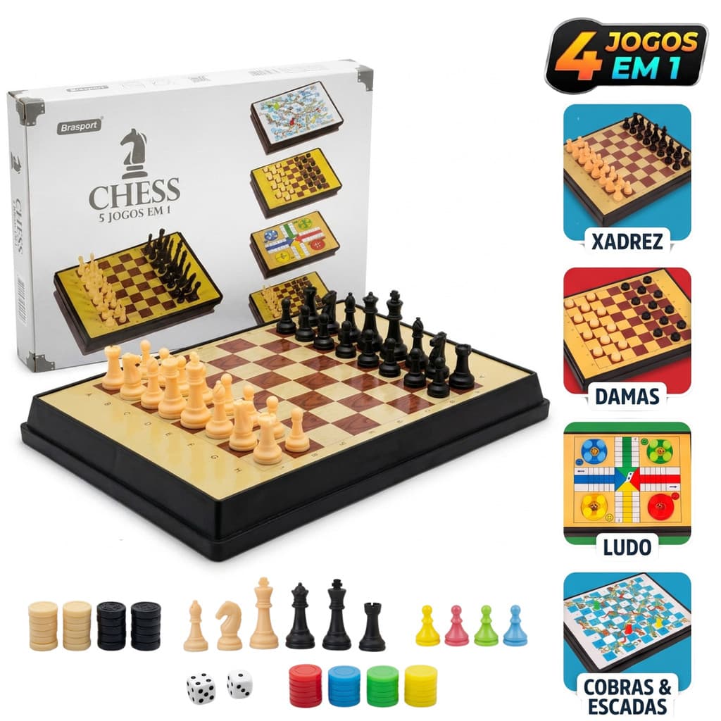 kit tabuleiro de jogos clássicos 4 em 1 xadrez dama ludo cobras e escadas oficial portátil viajem família educativo 25cm