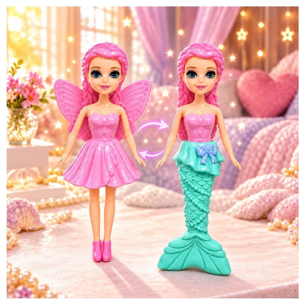 Boneca Fada Sereia Shopline BFS01SL 16cm Articulada Com Asas Cauda Roupa Varinha Pente Laço Acessórios