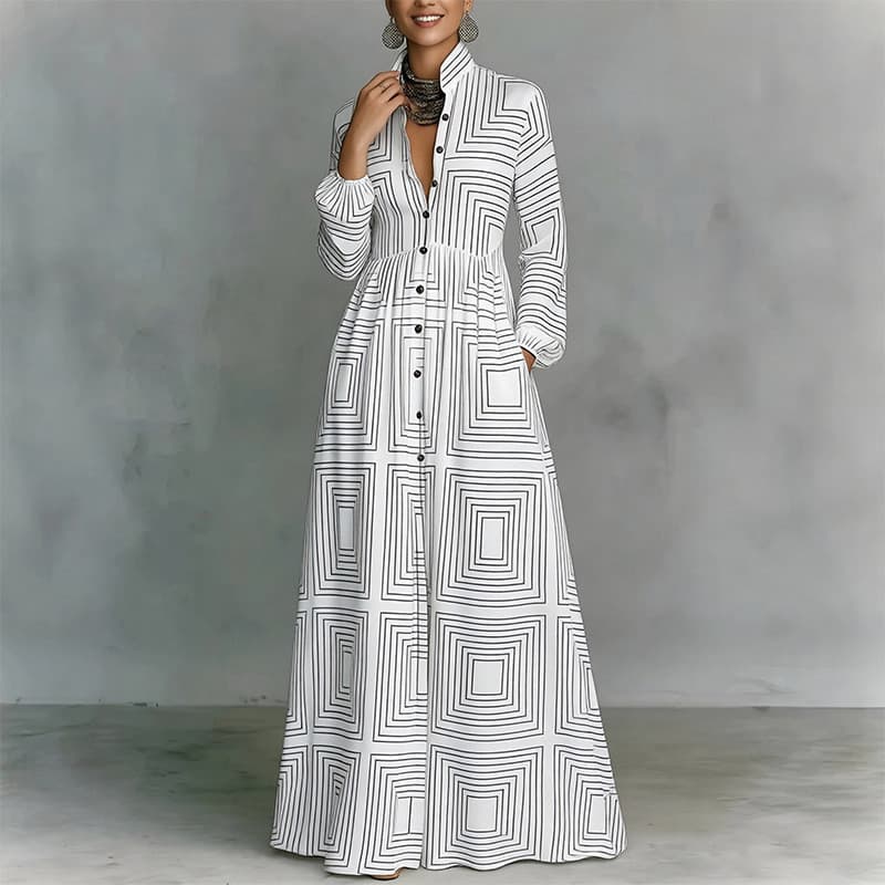 2026 Vestido feminino, saia longa com estampa, gola alta, cintura marcada, estilo retrô e palaciano, moda feminina