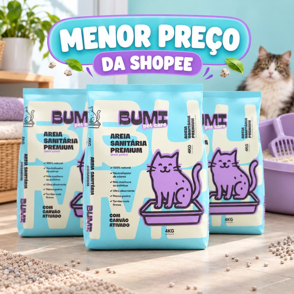 Kit Areia Sanitária Bumi Pet Care Natural Fina com Carvão Ativado 12 kg