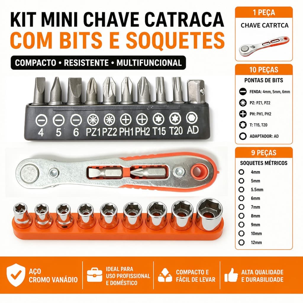 Jogo Chave Catraca Mini 20 Peças Conjunto Chave Ratchet com Bits e Soquetes Aço Cromo Vanádio Reparos Domésticos Oficina