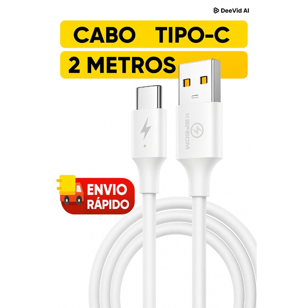 Cabo Carregador Tipo C USB Turbo Celular Original Kapbom 2 Metros Carga Rápida Reforçado