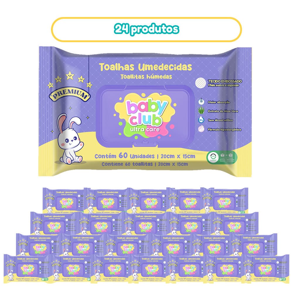 24 Pacotes Toalhas Umedecidas Premium 60fls Baby Club