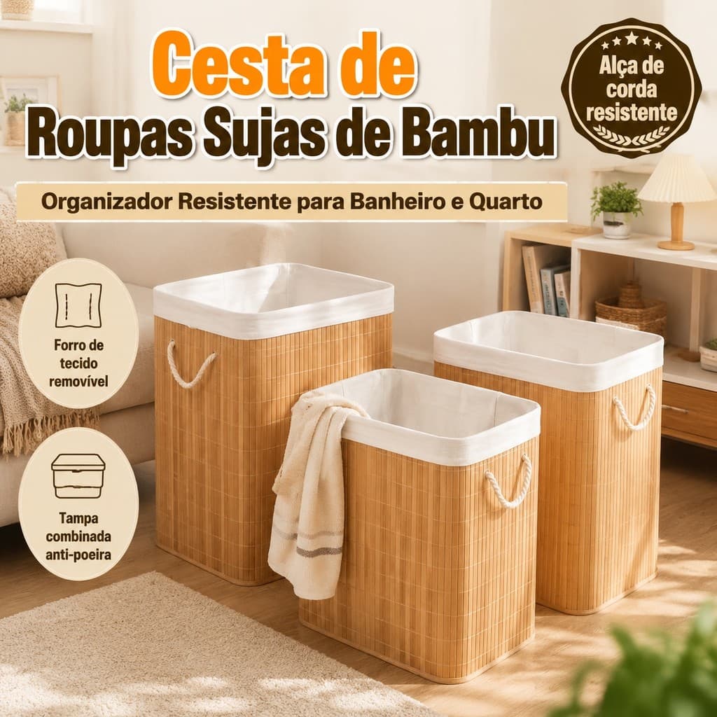 Cesto de Roupas Sujas Grande 72 Litros Tampa Alças Organizador Lavanderia Banheiro Multiuso Dobrável
