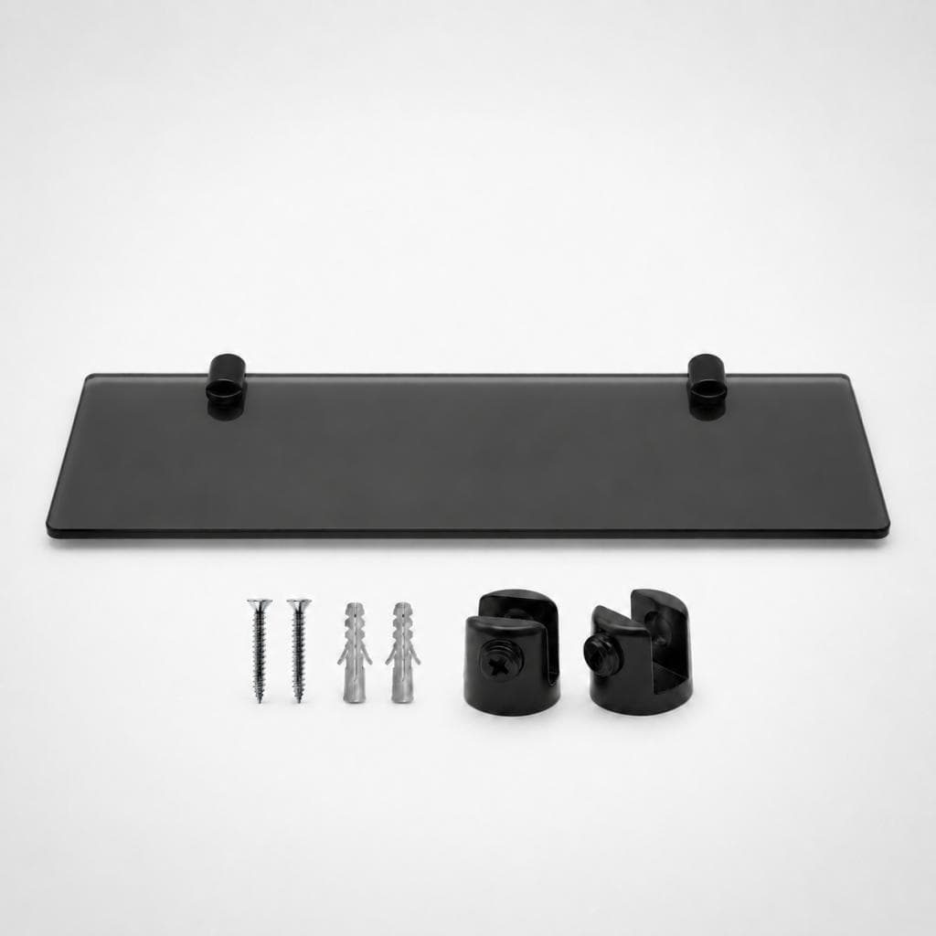 Prateleira de Vidro Fumê 30cm com Suporte Preto Fixação Dupla de Parede Porta Shampoo Multiuso