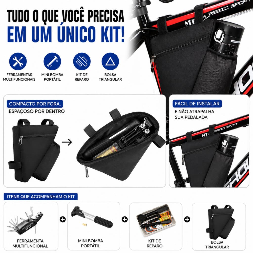 Kit Completo para Bicicleta Bolsa de Quadro Bomba Portátil Ferramenta e Kit Reparo Pneu