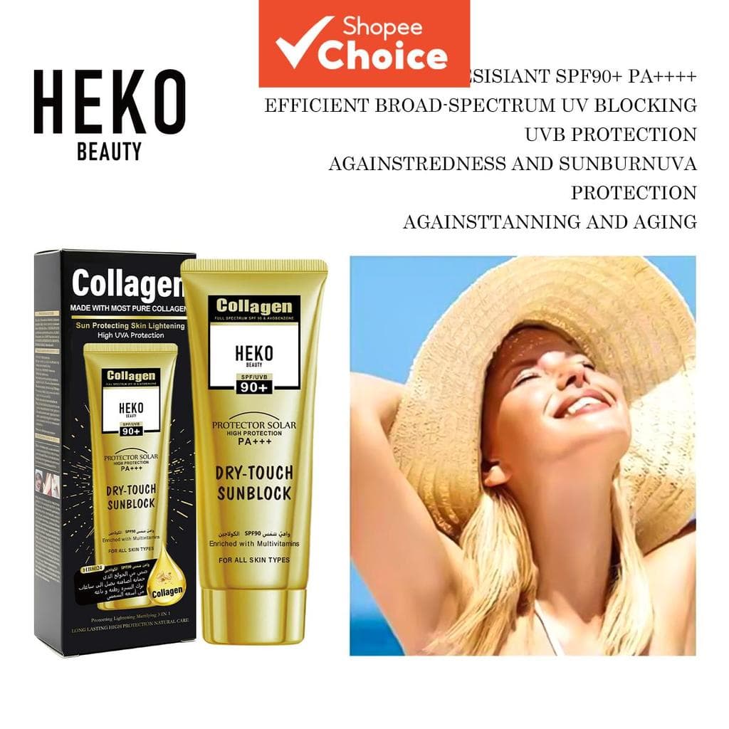 Protetor Solar Facial HEKO BEAUTY Collagen Dry-Touch FPS90+ PA++++ Proteção Avançada UVA/UVB, Multivitamínico, Leve,