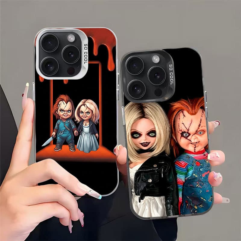 Não amarela Capinha para iPhone 17/16/15 Pro Max Capa de celular metálica anti-impressão digital do Chucky Sangrento