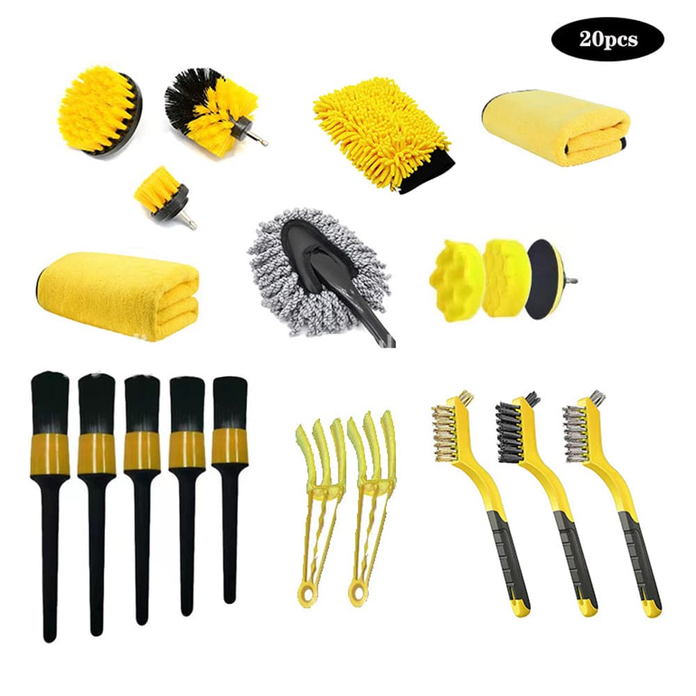 Kit de lavagem de carro 20 unidades, limpeza interna e externa, detalhando escova de perfuração, conjunto completo de