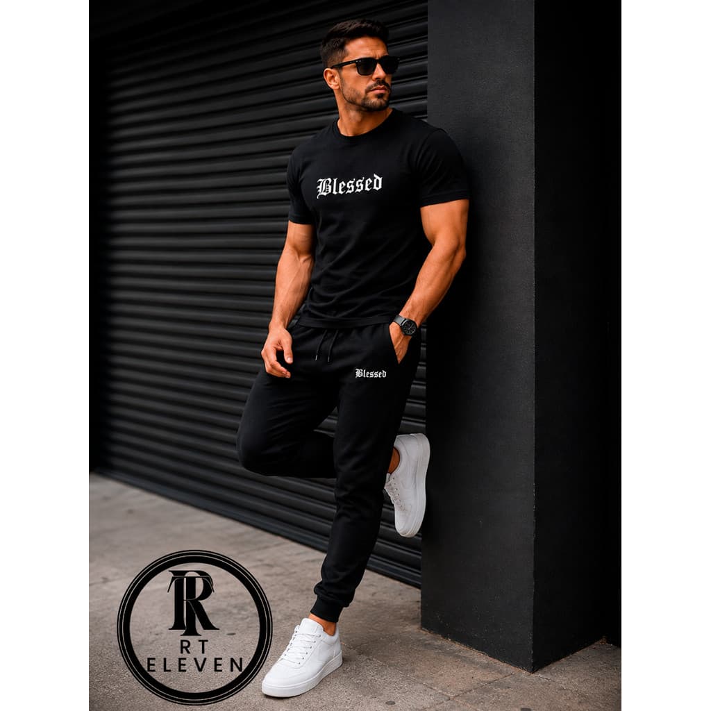 Kit Conjunto Blessed Camiseta e Calça moletom  Moda masculina camiseta casual Malha Algodão + calça Moletom Com bolso Cs