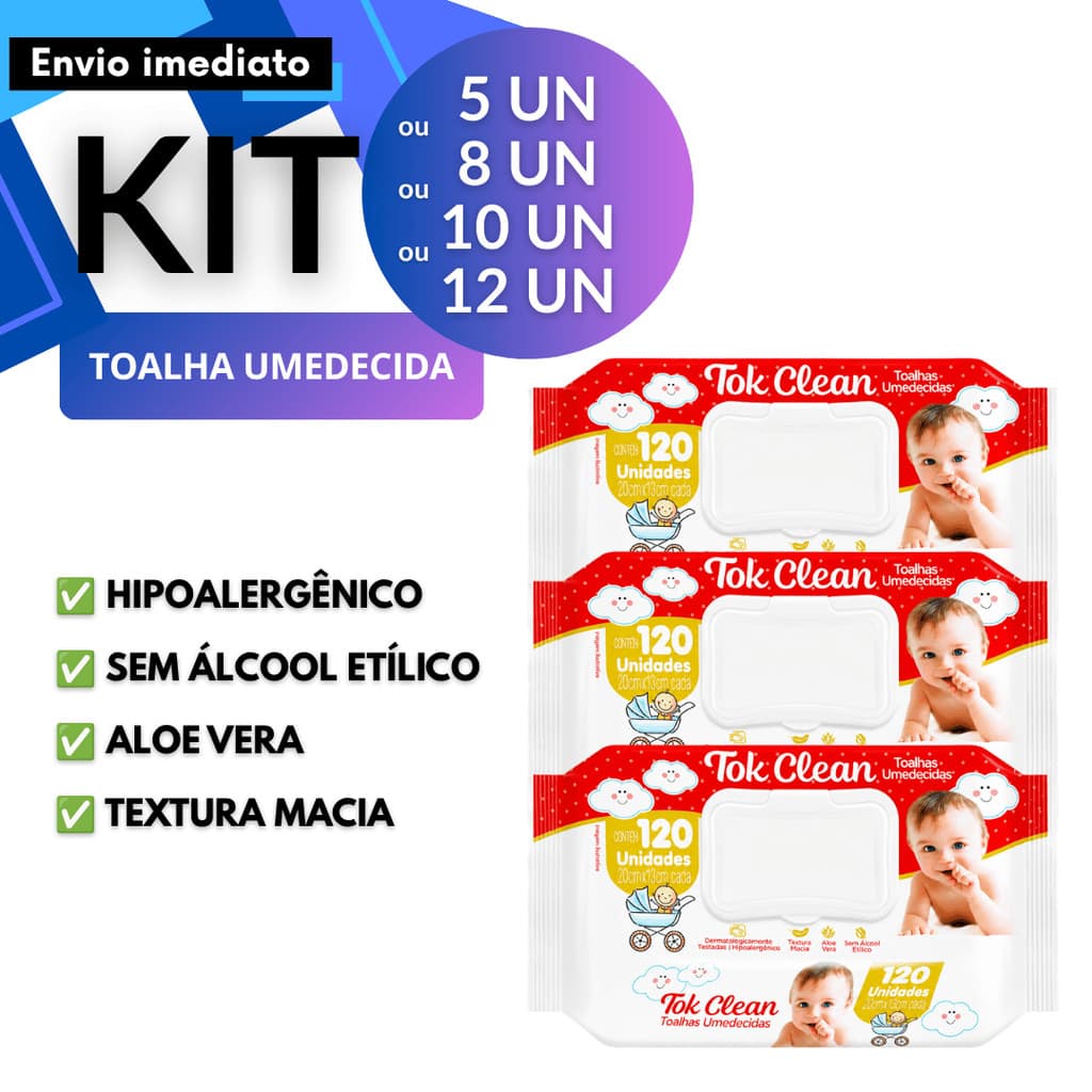 Kit Lenço Umedecido Tok Clean 120un Toalha Umedecida Para Higiene Diária Bebê e Casa 600un a 1200un