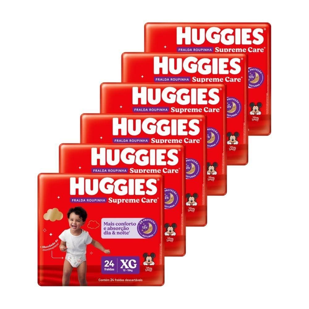 Fralda Descartável Huggies Roupinha Proteção Acolchoada Tamanho XG - 6 Pacotes com 24 Fraldas - Total 144 Tiras