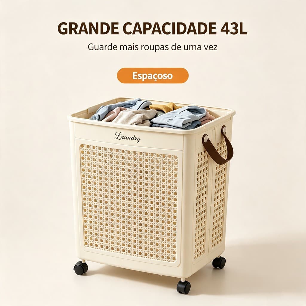 Cesto de Roupa Suja Dobrável 43L com Rodinhas Giratórias Organizador Respirável para Banheiro e Quarto