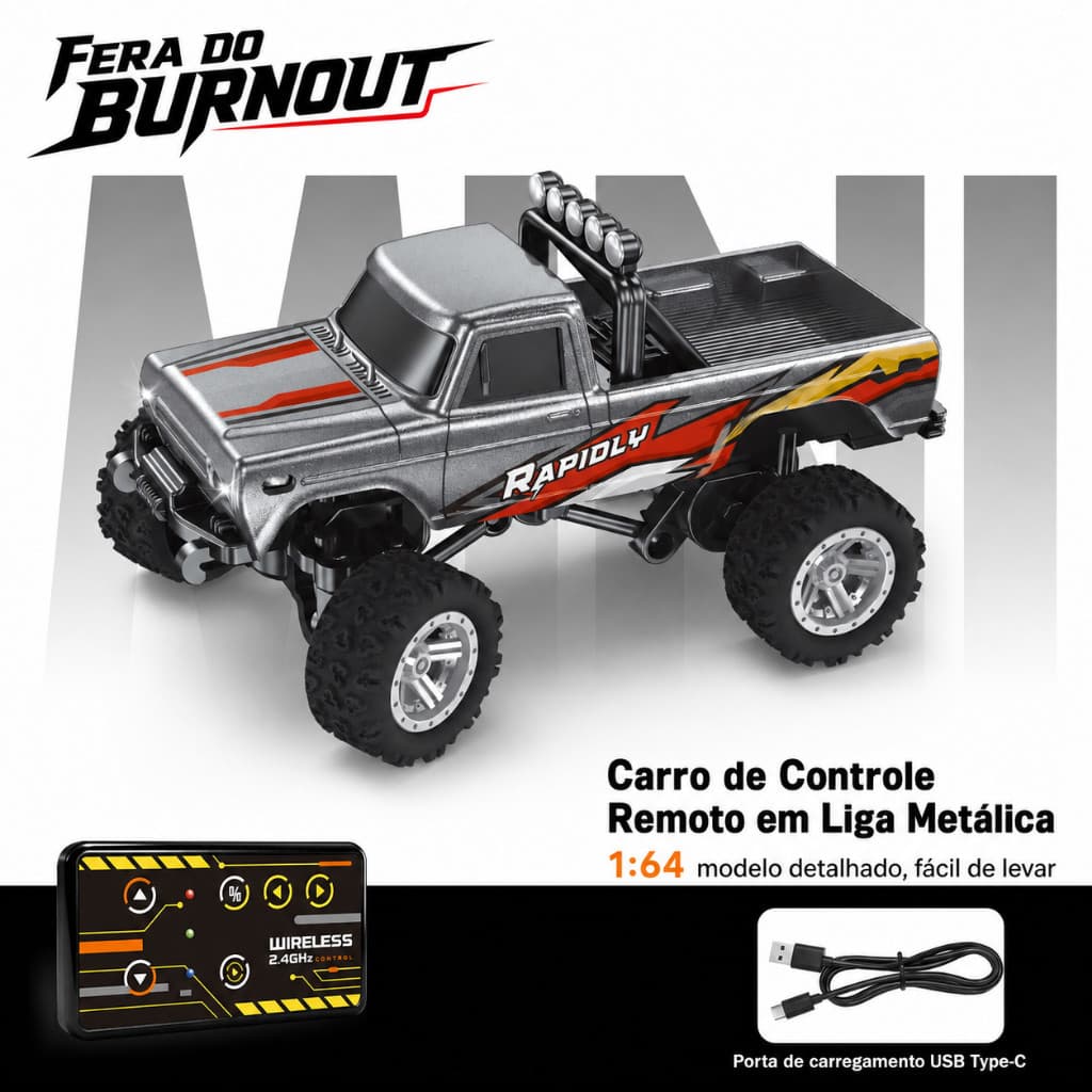 Carrinho de Controle Remoto 1:64 Liga Metálica 2.4G Recarregável com LED Controle por Celular Carro de Corrida