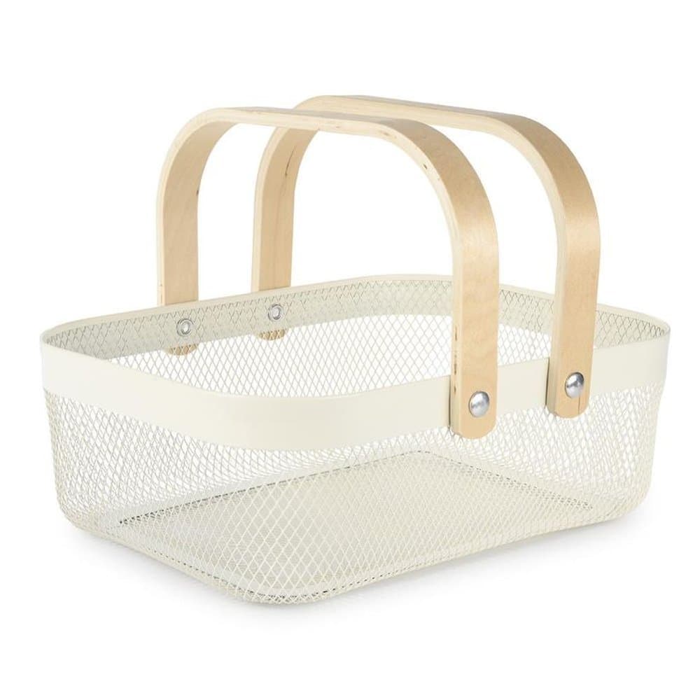 Cesto Organizador Metal 32cm Alça Madeira Cozinha Multiuso para Cozinha, Banheiro, Sala e Quarto