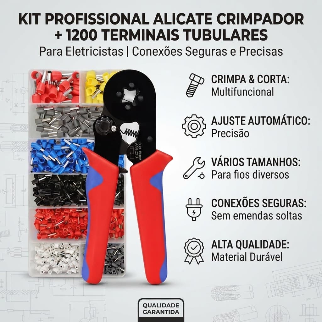 Kit Alicate de Crimpar Terminais Tubulares Ilhós Profissional Kit Completo 1200 Peças 