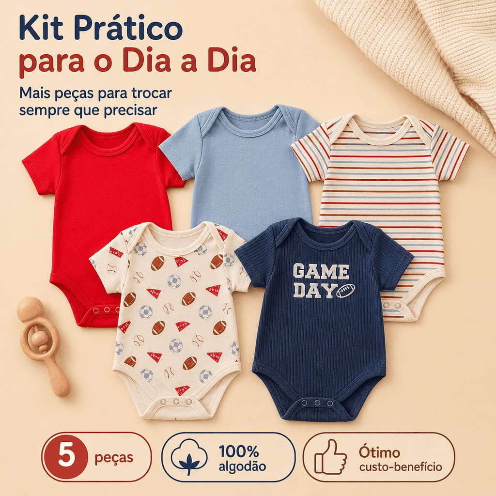 Body Bebê 5 Pcs 60% Algodão 40% Poliéster Kit Bodies Manga Curta Enxoval Bebê Troca Fácil Gola Envelope Dia a Dia