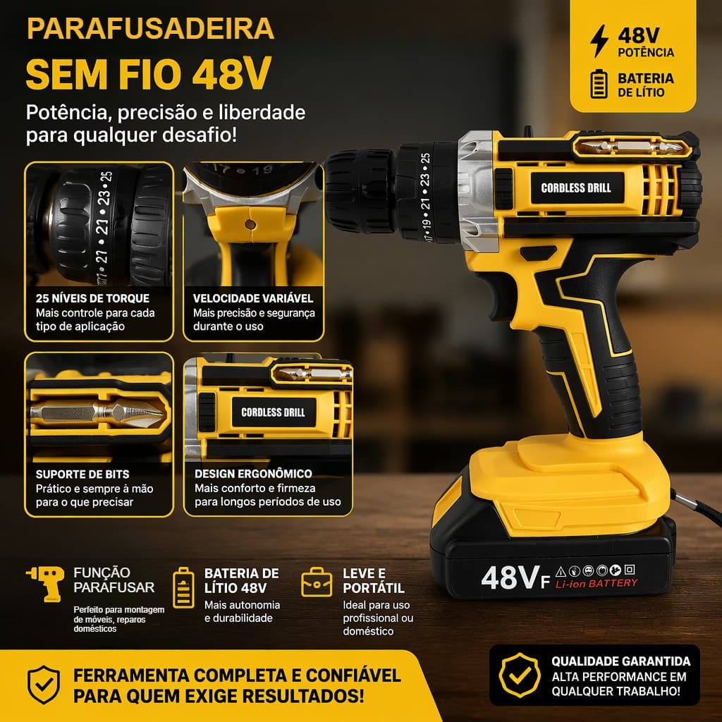 Parafusadeira Furadeira Sem Fio 48V Íon Lítio, Torque Ajustável, Duas Velocidades, Kit com Bateria e Carregador