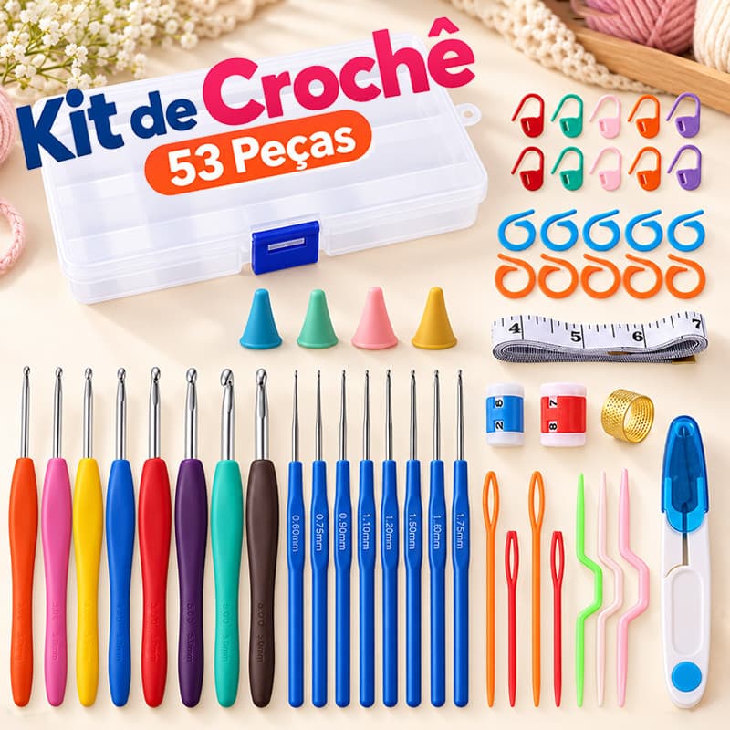 Kit Crochê 53 Peças Acessórios Completo Agulhas Cabo Soft Tesoura Amigurumi