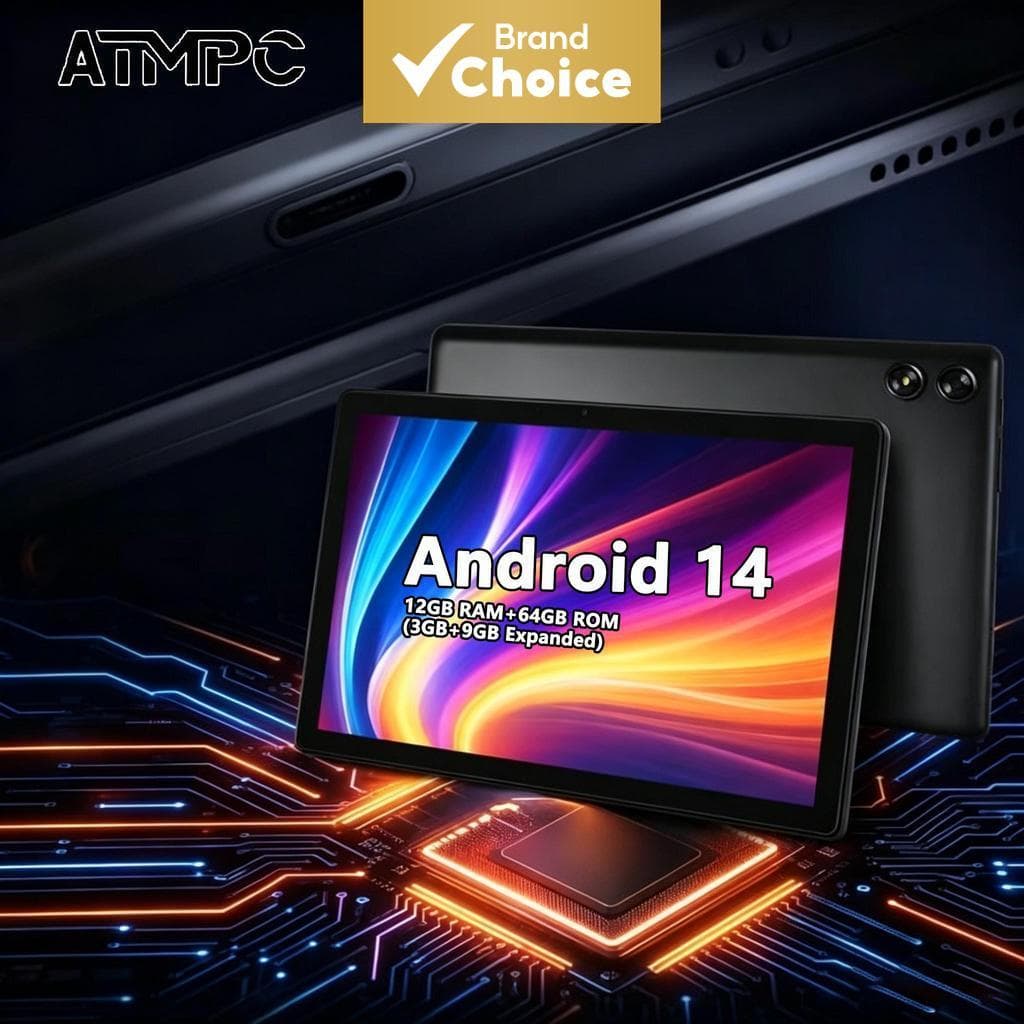 Tablet Android ATMPC de 10,1 polegadas, Android 14, 64GB de armazenamento, 12GB (3+9 expansíveis) de RAM, tela sensível
