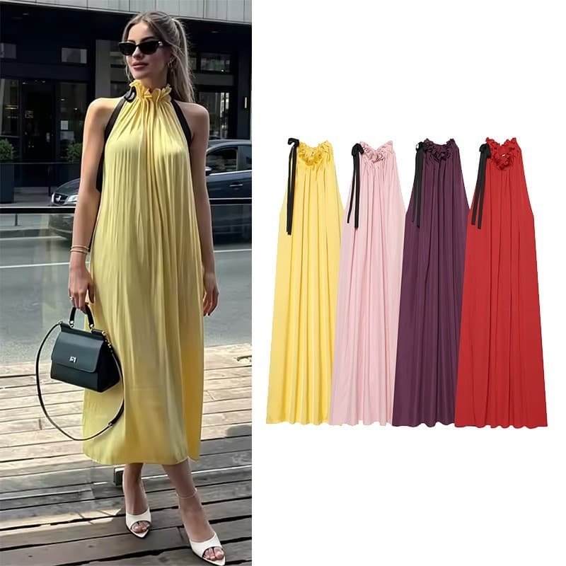 Cetim Midi Novas Mulheres Halter Pescoço Sem Mangas Vestido Longo Feminino Chique Vestidos Plissados 202609L L
