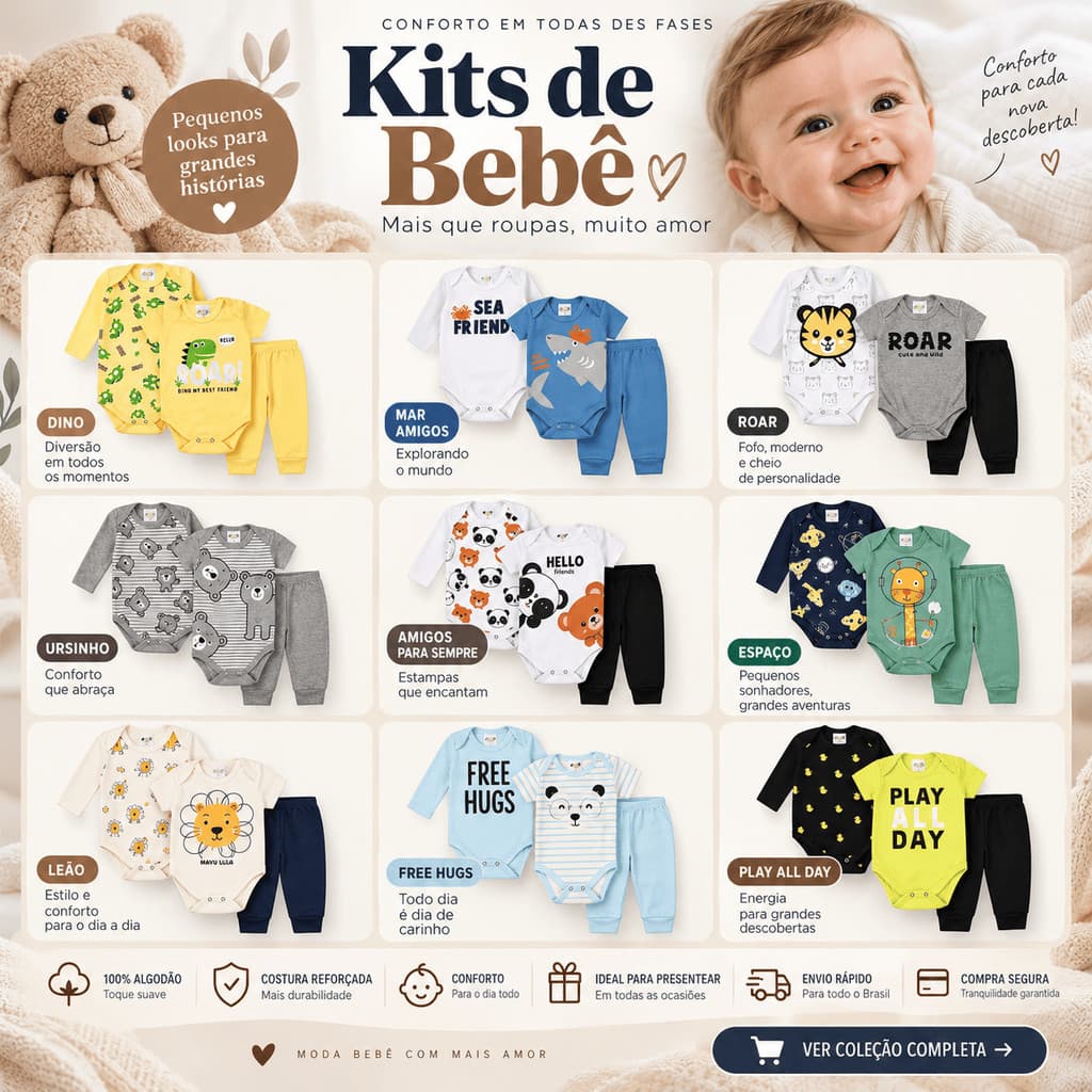 Enxoval Bebê Menino 9 Peças Kit Completo Body e Mijão Super Macio Conforto Recém-Nascido RN